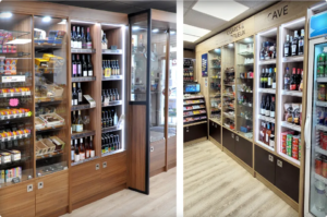 Exemples d'agencements sur mesure de bureaux de tabac avec mural cave à vins