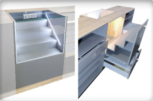 Vitrine basse à gradins pour comptoir caisse tabac