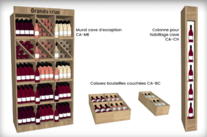 Cave d’exception pour bouteilles debout ou couchées, colonne de théâtralisation, séparations obliques et portes bouteille fil