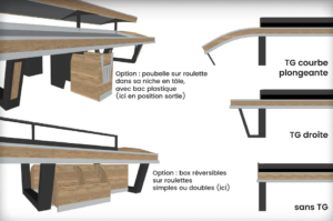 Options pour la table fruits et légume FL-TV : TG courbe ou droite, box réversibles à roulettes, poubelle avec bac intérieur