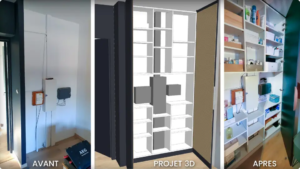 Avant, 3D et après du placard sur mesure autour du tableau électrique : rangements adaptés et doublage perforé acoustique.