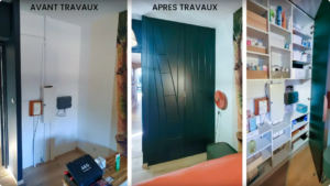 Avant/après : meuble sur mesure intégré à l’existant masquant un tableau électrique, portes ouvertes sur le rangement.