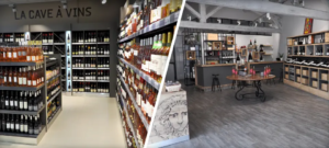 Mobilier cave à vins en rayon de grande surface alimentaire et dans le caveau de dégustation d'un domaine viticole