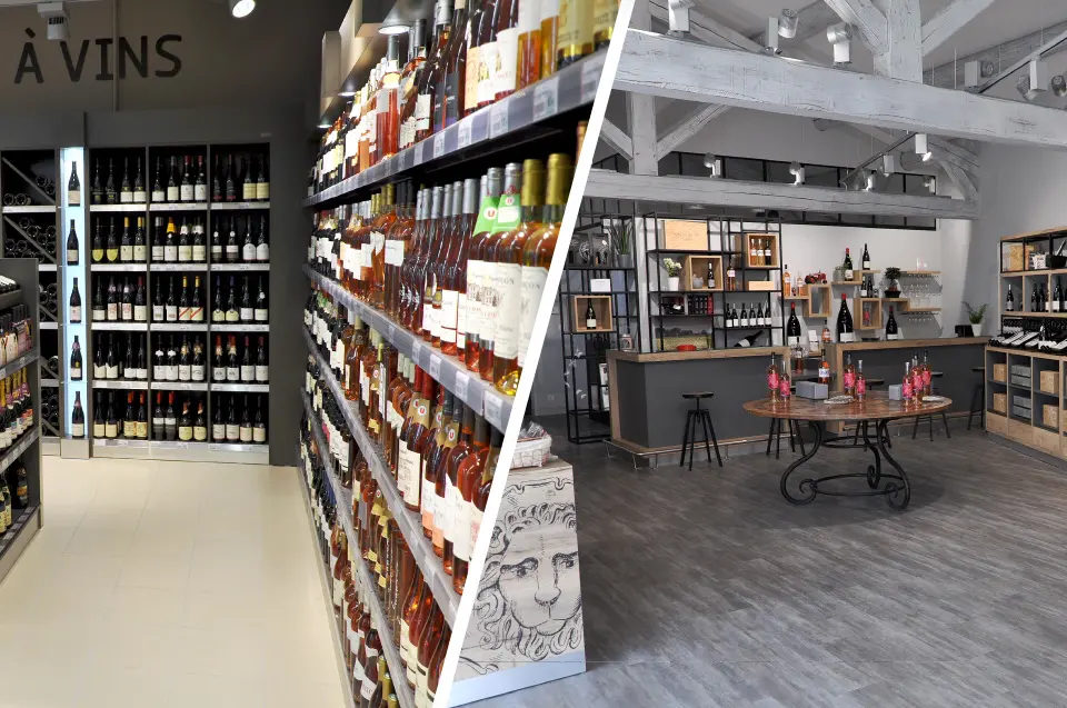 Mobilier cave à vins en rayon de grande surface alimentaire et dans le caveau de dégustation d'un domaine viticole